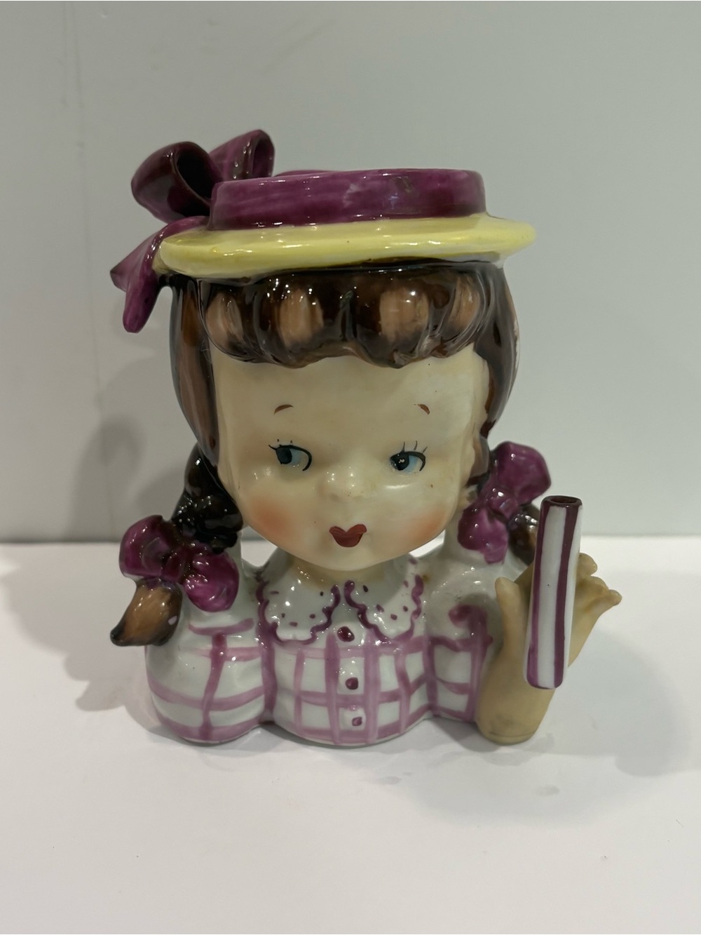 VTG Napco Umbrella Girl Head Vase  Pink Plaid W/Pigtails Japan *NO UMBRELLA